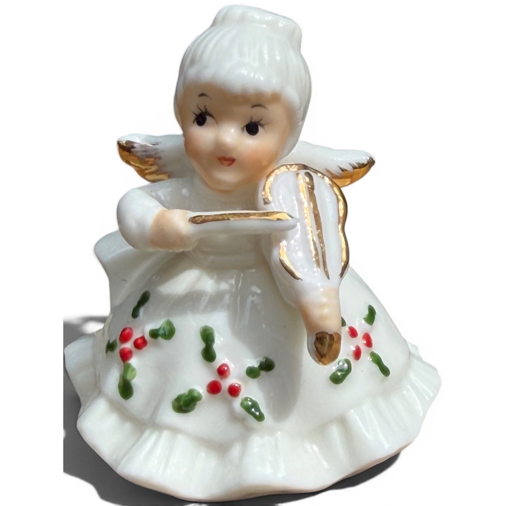 Vintage Lefton Ceramic Christmas Angel Figurine Playing Violin Holly Dress